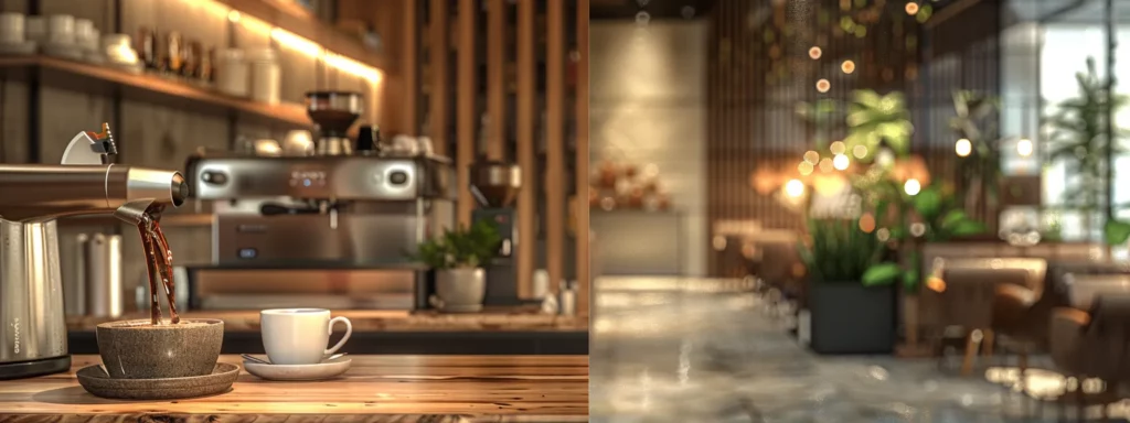a sleek, modern coffee shop interior showcases a barista expertly pouring a rich, aromatic brew into a beautifully designed ceramic cup, with polished wood accents and stylish decor enhancing the upscale ambiance.