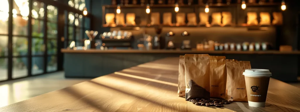 a sleek, modern coffee tasting room showcases an elegant arrangement of high-quality single origin coffee bags from ethiopia, colombia, panama, and kenya, illuminated by warm, inviting pendant lights, while a cappuccino adorned with delicate latte art sits prominently on a polished wooden table.