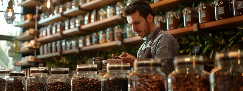 a sleek, modern coffee tasting room showcases an elegant display of various kona coffee grades in distinct glass containers, with an expert barista thoughtfully explaining the unique characteristics of each grade against a backdrop of rich wooden accents and warm ambient lighting.