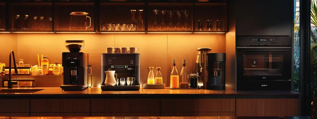 a sleek, modern kitchen countertop showcases an array of high-end coffee machines priced for various budgets, each elegantly designed to highlight features like built-in milk frothers and cold brew setups, illuminated under warm, inviting lighting to evoke a sense of sophistication and choice.