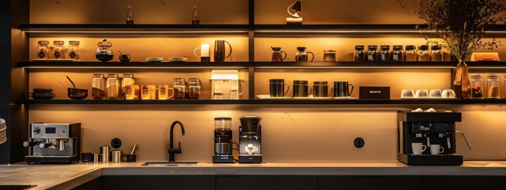 a sleek, modern kitchen countertop showcases an array of elegant coffee machines, each designed for specific brewing styles, accompanied by neatly organized coffee accessories, all illuminated by warm, inviting under-cabinet lighting to highlight the choices available for a perfect coffee experience.