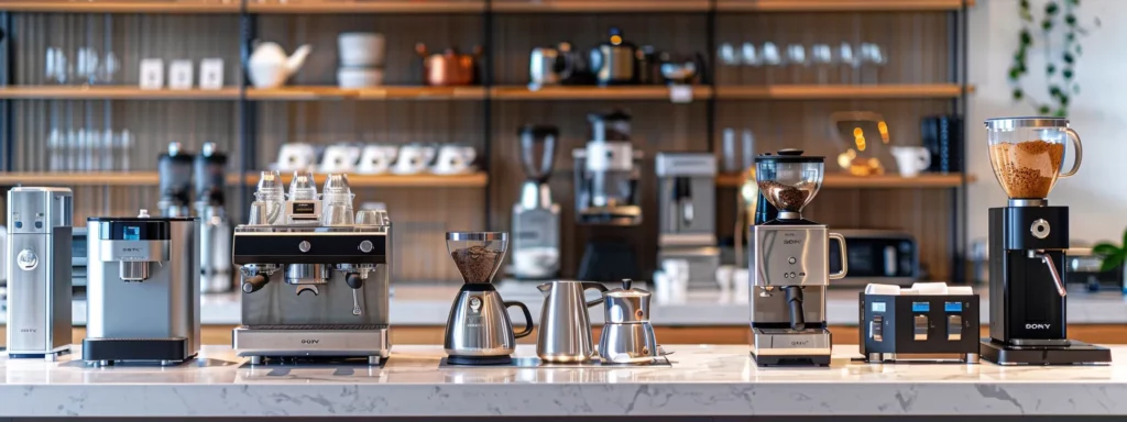 a sleek, modern kitchen countertop showcases a lineup of high-end coffee and espresso machines, each gleaming with polished chrome finishes and vibrant digital displays, creating a dynamic visual comparison that highlights their innovative features and premium quality.