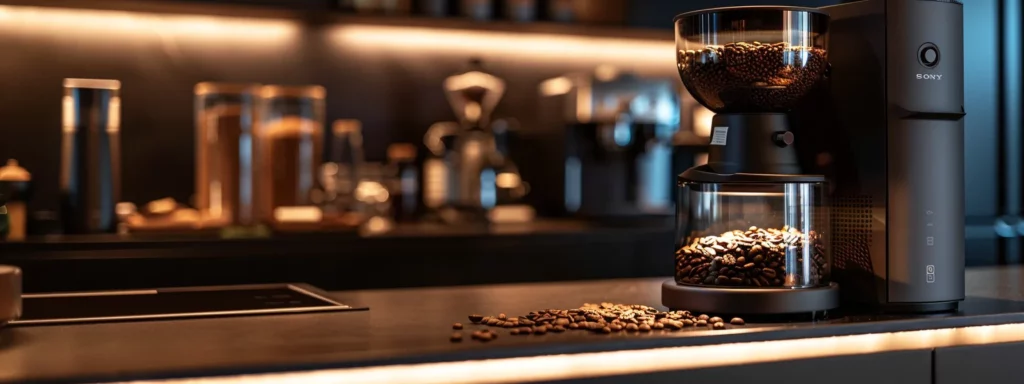 a sleek, modern kitchen countertop features a high-end coffee grinder, with a focus on its precision grind settings and sturdy build, illuminated by warm overhead lighting that showcases the rich textures of freshly ground coffee beans.