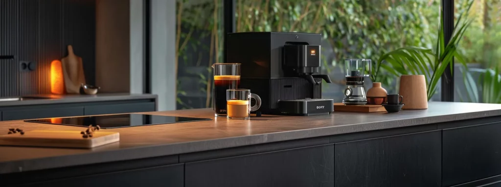 a sleek, modern kitchen countertop showcases a stylish coffee brewing system alongside an elegant espresso machine, illuminated by warm, focused lighting, emphasizing the sophisticated features and aesthetic appeal that cater to diverse coffee preferences.