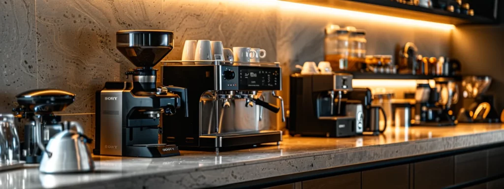 a sleek, modern kitchen countertop showcases an array of stylish coffee machines, each highlighting unique features like a polished espresso machine, an elegant drip coffee maker, and compact pod systems, bathed in warm, ambient lighting to emphasize their craftsmanship and appeal to coffee enthusiasts.
