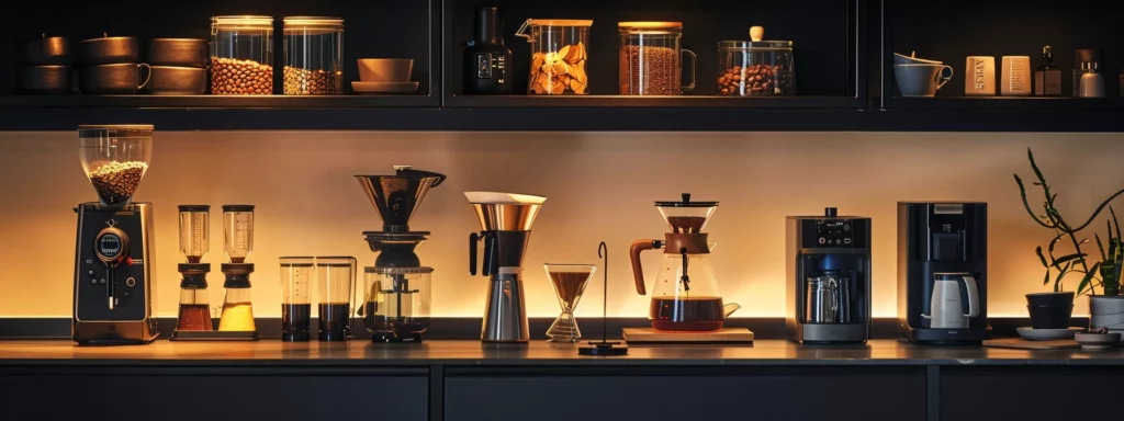 a sleek, modern kitchen countertop displays an array of stylish coffee makers, including a classic drip machine, a single-serve pod brewer, a french press, and a pour-over setup, all arranged artfully with freshly brewed coffee cups and elegant accessories under warm, inviting ambient lighting.