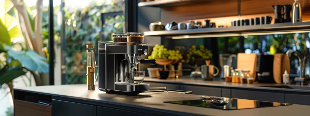 a sleek, modern kitchen countertop showcases a high-tech coffee and espresso maker, featuring an illuminated display, an integrated grinder, and a milk frothing wand, all highlighted against a contemporary backdrop of polished surfaces and organized kitchenware.