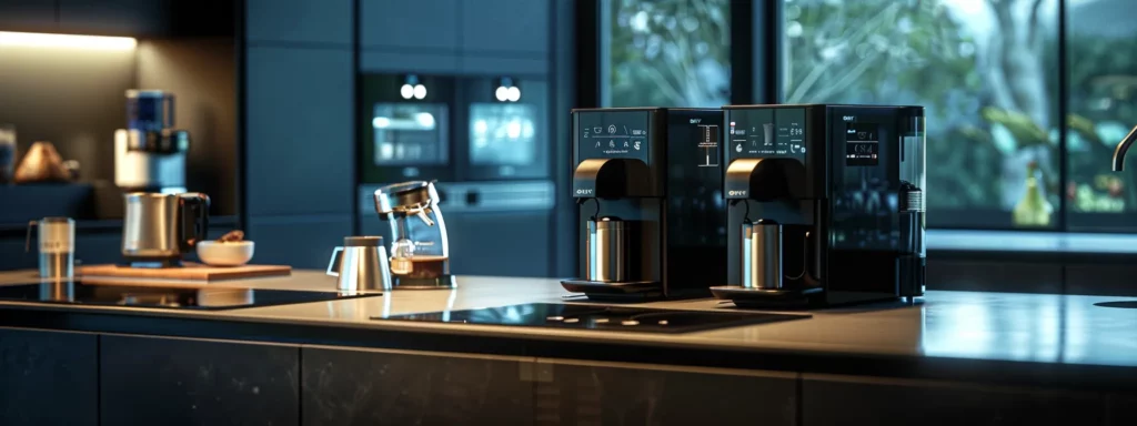 a sleek, modern kitchen setting showcases an array of stylish coffee machines, featuring glossy surfaces and illuminated displays, strategically positioned on a minimalistic countertop, highlighting their advanced features and compact designs.