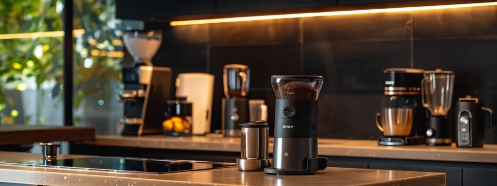 a sleek, modern kitchen showcasing an array of stylish coffee grinders—affordable burr, mid-range electric, premium options, and manual models—arranged on a polished countertop bathed in warm, inviting light, highlighting their unique designs and features.