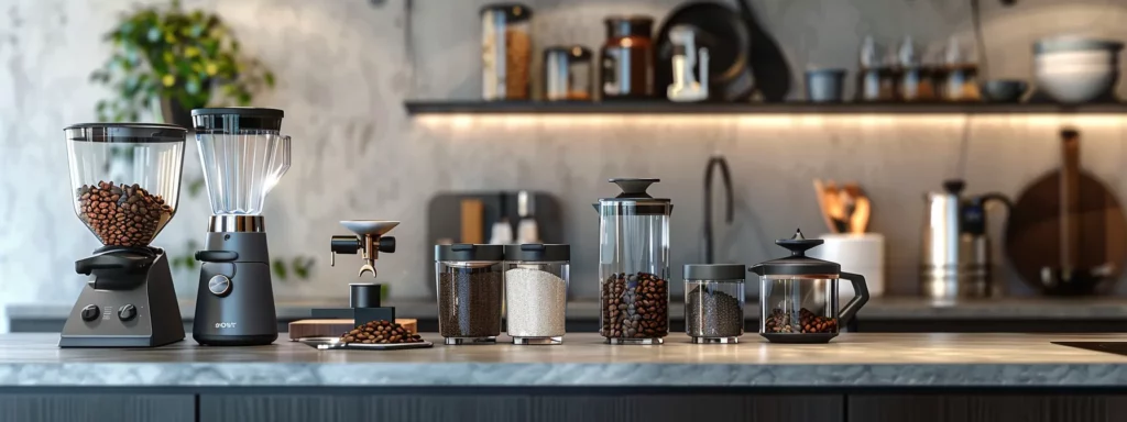 a sleek, modern kitchen workspace showcases a variety of stylish coffee grinders—both manual and electric—arranged on a polished countertop, with rich coffee beans and fragrant grounds artfully displayed to highlight their unique features and uses.