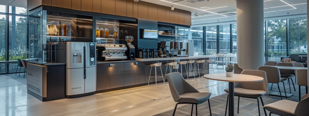 a sleek, modern office breakroom features a state-of-the-art coffee machine, elegantly designed with chrome accents and vibrant led lights, inviting professionals to take a refreshing pause in their busy workday.