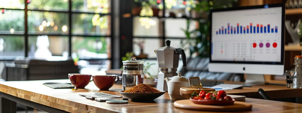 a sleek, modern office workspace features a polished wooden table adorned with traditional turkish coffee pots, colorful spices in elegant bowls, and digital analytics charts displayed on a high-resolution monitor, showcasing the meticulous process of title analysis for optimal seo performance.