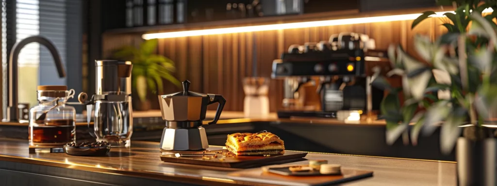a sleek, modern office workspace features a beautifully arranged turkish coffee setup, showcasing a vibrant coffee pot alongside a delicate piece of baklava on a polished desk, illuminated by focused task lighting that highlights the rich textures and colors of the drink and dessert.