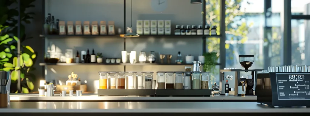 a sleek, modern office workspace features a stylish coffee station with various meticulously labeled coffee containers and a digital display showcasing daily caffeine intake statistics, emphasizing a balanced approach to coffee consumption.