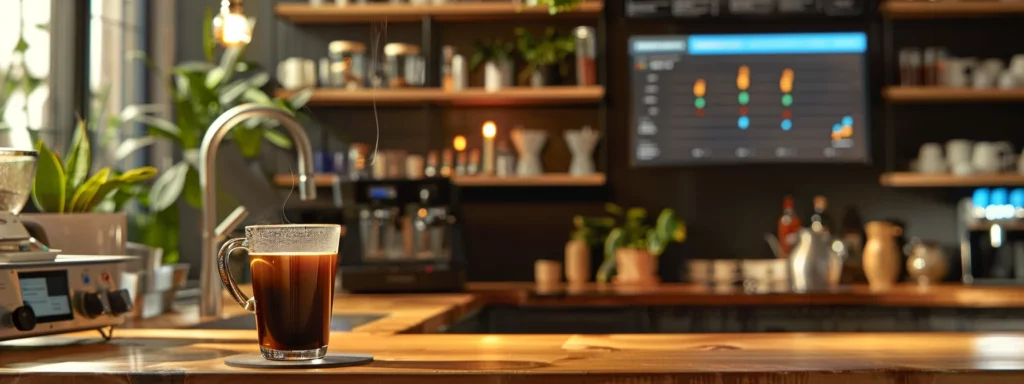 a sleek office countertop displays an elegant eight-ounce coffee cup filled with rich, dark brew, adjacent to a graphic-infused infographic depicting varying caffeine levels, set against a backdrop of modern coffee preparation equipment and a digital screen showcasing comparisons with tea and soda.