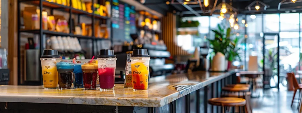 a sleek urban coffee shop interior showcases an assortment of colorful coffee beverages on a polished marble counter, with a transparent infographic graffiti on the wall detailing their caffeine content, set against warm ambient lighting that invites curiosity and engagement.