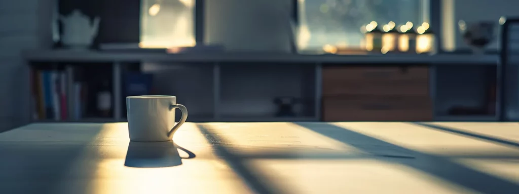 a stark, minimalist office space features a solitary coffee cup tipped over on a desk, casting a long shadow, symbolizing the struggle and withdrawal from caffeine, with a blurred background of herbal tea options waiting on a nearby shelf.