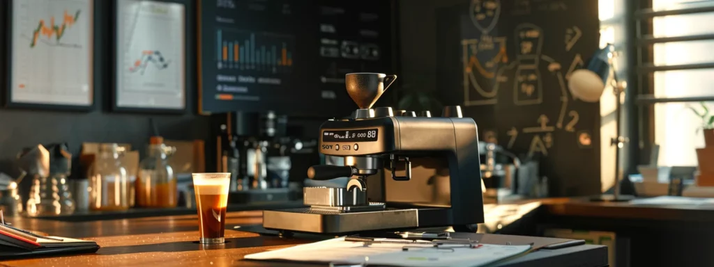 a stark, modern office scene showcases a sleek espresso machine beside a cluttered desk filled with research papers and caffeine-related charts, illustrating the intricate interplay of daily consumption patterns and withdrawal intensity.