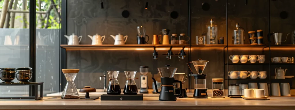 a stylish coffee brewing station features an array of meticulously arranged brewing gear, including a sleek pour-over setup, precision scale, and a kettle displaying the ideal water temperature, all under warm, focused lighting that highlights the exquisite quality of premium coffee beans waiting to be expertly brewed.