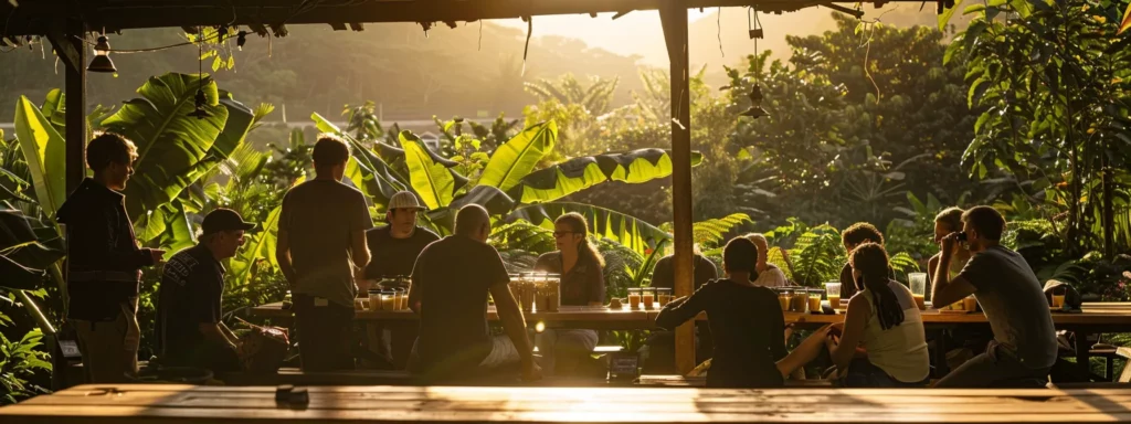 a vibrant coffee farm tour in kona showcases enthusiastic visitors engaging in a hands-on coffee tasting session amidst the rich, sunlit landscapes of the coffee estate.
