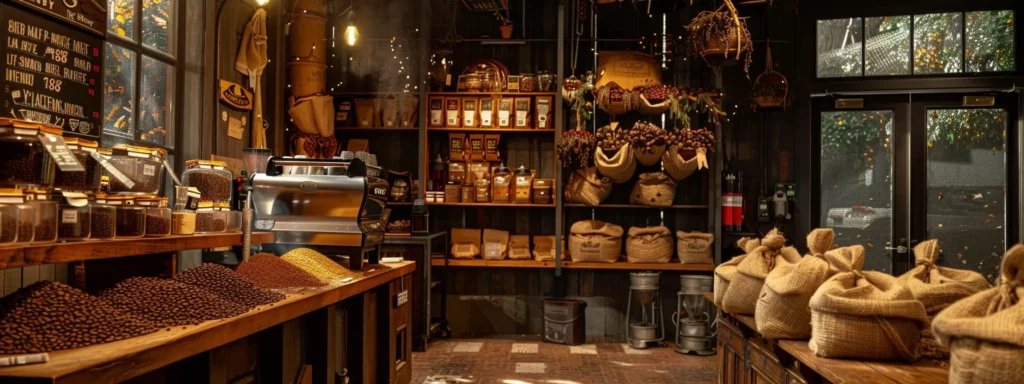 a vibrant coffee shop interior showcases a barista meticulously brewing a cup of rich kona coffee, surrounded by bags of premium beans labeled with origin certifications in a warm, inviting atmosphere.