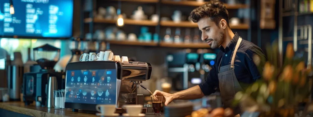 a vibrant, modern coffee shop scene showcases a barista expertly preparing turkish coffee with a traditional sand coffee machine, surrounded by engaging digital displays highlighting seo keywords and trends in coffee culture, evoking a fusion of contemporary techniques and rich ottoman heritage.