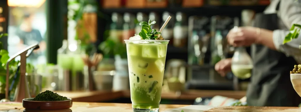 a vibrant urban café scene showcases a sleek glass of green iced tea infused with matcha, emphasizing its rich color and texture, while the barista expertly prepares the drink, highlighting various leaves and brewing tools in a sophisticated, modern workspace.