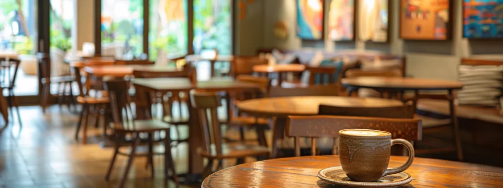 a warm, inviting coffee shop in hawaii showcases a rich, aromatic kona coffee brewing in an elegant ceramic cup, with polished wooden tables and vibrant local artwork enhancing the cozy atmosphere.