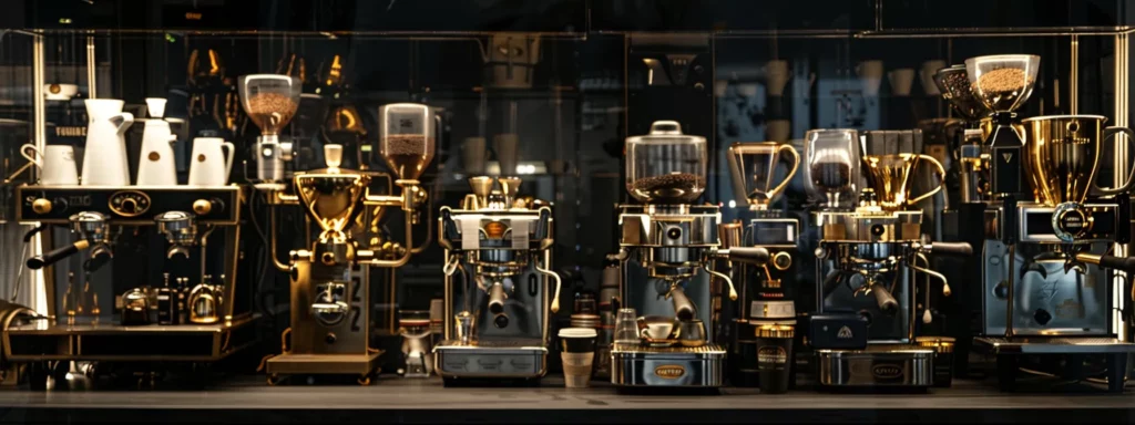 an elegant coffee shop interior features an array of espresso machines—from sleek manual lever models to modern fully automatic setups—showcasing their polished surfaces and intricate designs, with freshly brewed espresso shots served in stylish cups illuminated by warm, inviting lighting.