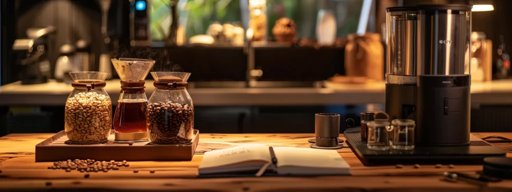 an elegantly arranged coffee tasting setup featuring a variety of high-quality beans in glass containers, a sleek tasting notebook on a polished wooden table, and a refined coffee brewing device, all illuminated by warm, inviting artificial light to highlight the rich textures and colors of the coffee.