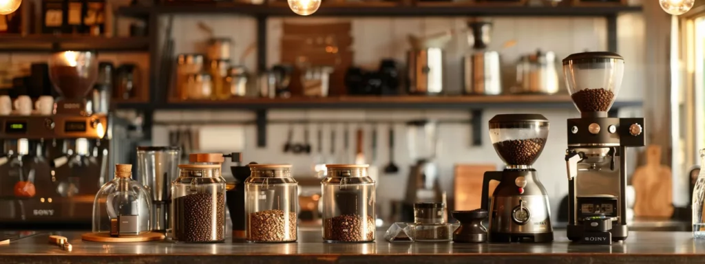 an inviting home kitchen scene showcases an array of coffee grinders, each filled with distinct grinds—coarse, medium, and fine—set against a backdrop of brewing equipment, highlighting the art of achieving the perfect coffee consistency.