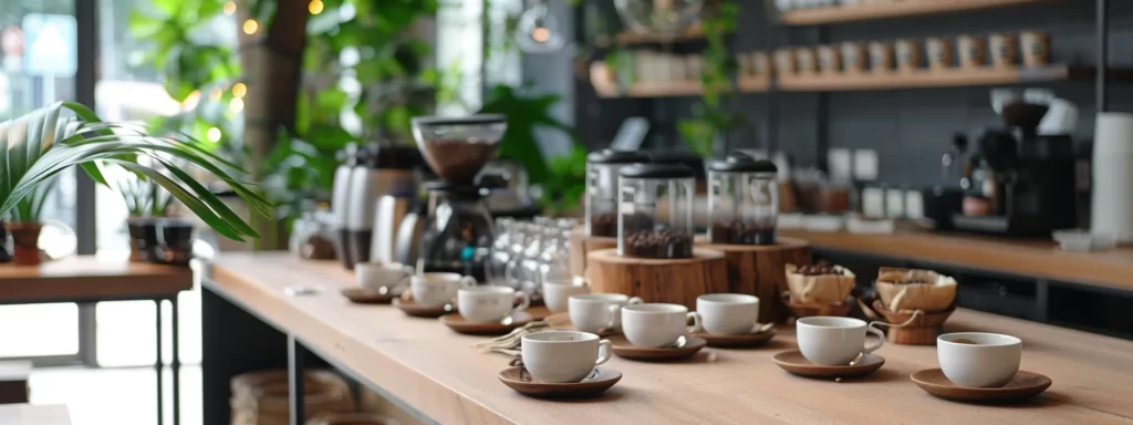a beautifully arranged coffee tasting setup in a modern, minimalist café, showcasing an array of artisanal coffee cups with rich, dark brews, elegant ceramic saucers, and a sleek wooden table against a backdrop of stylish urban decor.