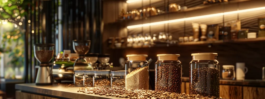 a beautifully arranged display of high-quality coffee beans in elegant glass jars set against a modern, minimalist café backdrop, highlighting the rich textures and colors of various arabica, robusta, and award-winning micro-lot selections.