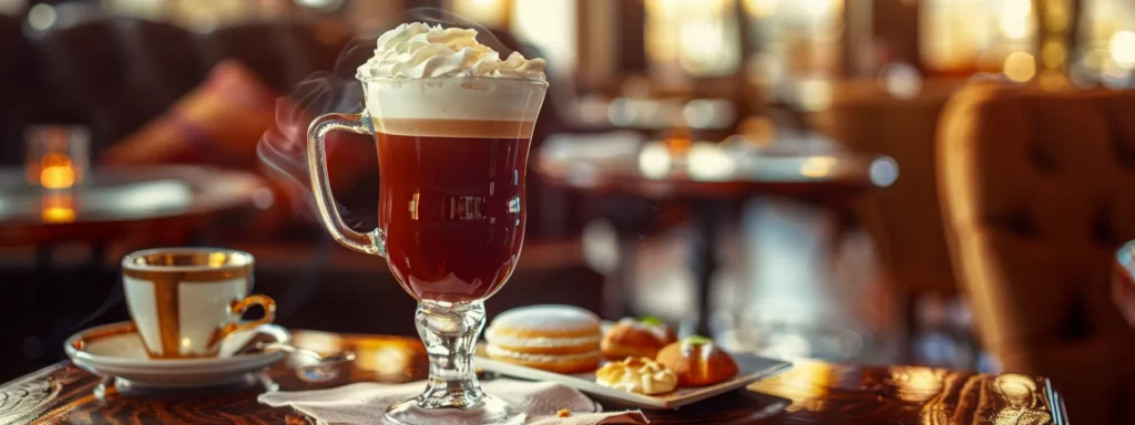 a beautifully arranged table set in a cozy, upscale café showcases a steaming glass of classic irish coffee, elegantly garnished with whipped cream, alongside a delectable array of pastries and a warm inviting ambiance that highlights the art of serving this refined beverage.