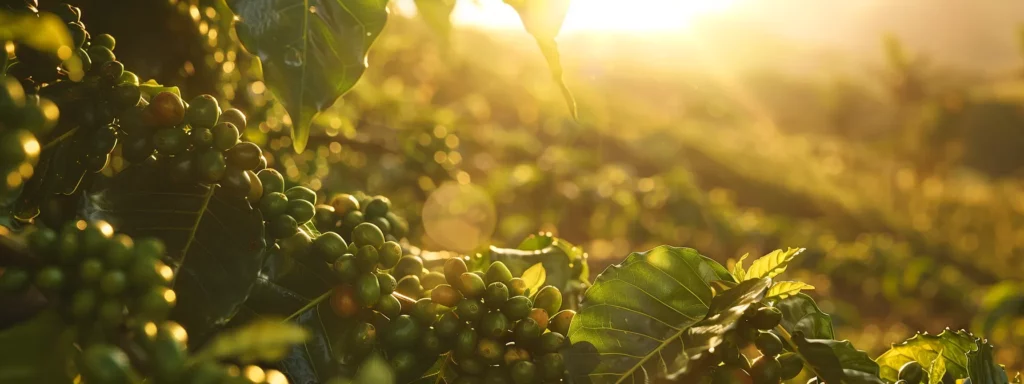 a close-up of vibrant kona coffee cherries being meticulously harvested in a sunlit coffee farm, with the striking slopes of hualālai visible in the background, emphasizing traditional and sustainable farming practices.