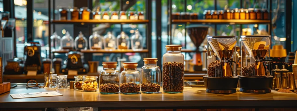 a contemporary coffee tasting setup in a stylish urban café, featuring an array of top-ranked coffee beans displayed in elegant glass jars, alongside brewing equipment and tasting notes, all illuminated by warm, inviting lighting that enhances the rich colors and textures of the coffee.