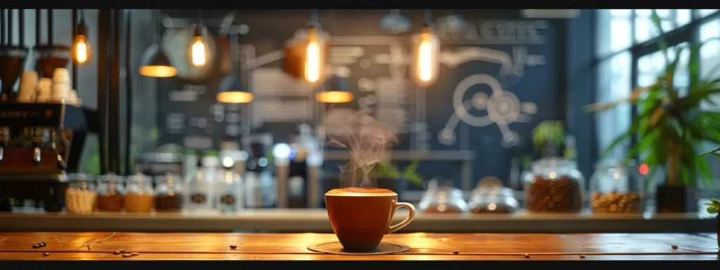 a sleek, modern café interior showcases a steaming cup of decaffeinated coffee on a polished wooden table, surrounded by intricately designed coffee beans and scientific charts illustrating the decaffeination process, all illuminated by soft pendant lighting.