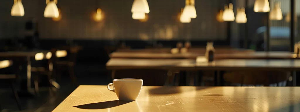 a sleek, modern café interior features a prominent empty coffee cup on a polished table, illuminated by warm pendant lighting, conveying a sense of withdrawal and reflection on the experience of stepping away from coffee.