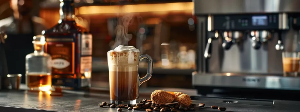 a stylish barista stands behind a sleek espresso machine in a modern café, expertly crafting a rich irish coffee, highlighted by the gleaming whiskey bottle, glistening espresso shot, and luxurious irish cream swirls, creating an inviting atmosphere that celebrates the drink's rich heritage.